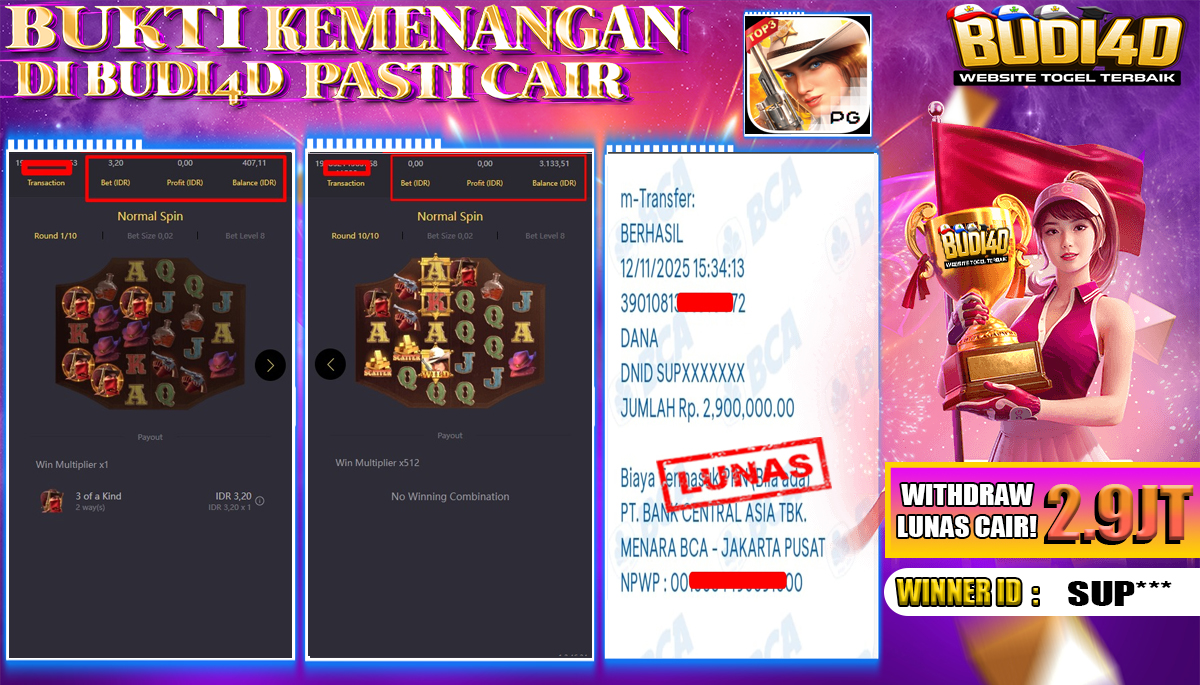 BUDI4D JACKPOT USER ID : SUP**** SLOT PRAGMATIC PLAY ( Gates of Olympus Super Scatter ) Rp.2.900.000,- LUNAS